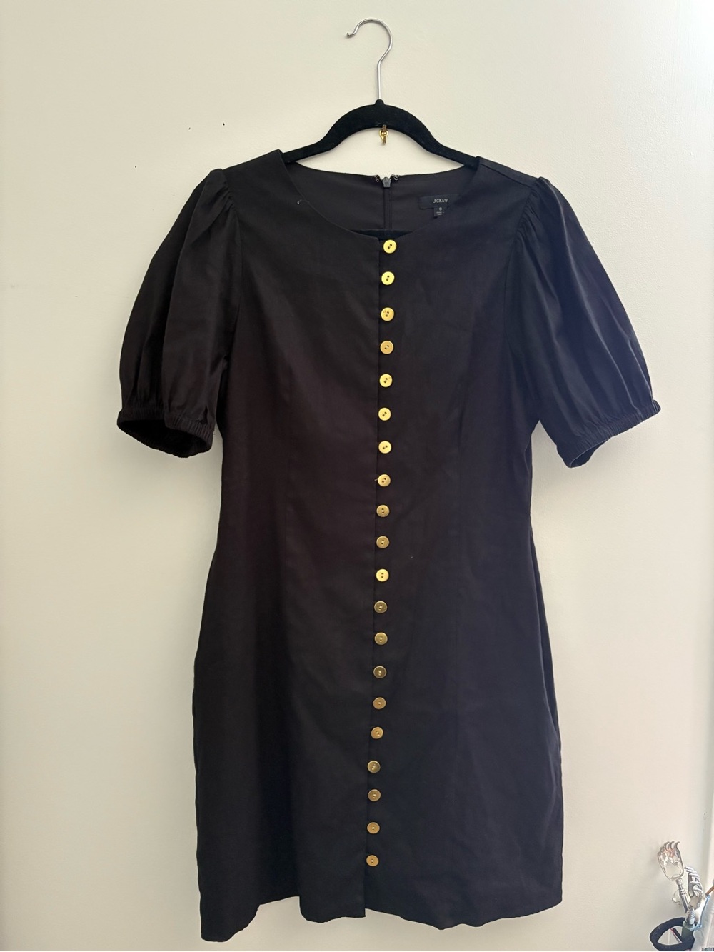 J. Crew Black A-Line Dress with Gold Buttons and Puff Sleeves